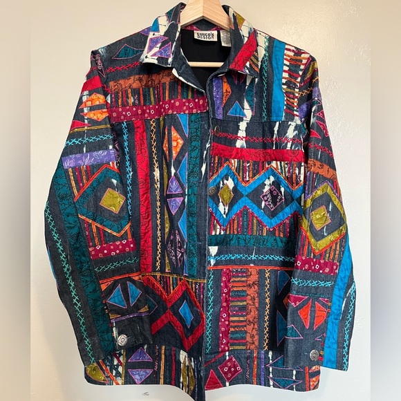 Chicos Design Vintage Embroidered Artsy Silk Patchwork Denim Jacket - Picture 6 of 11